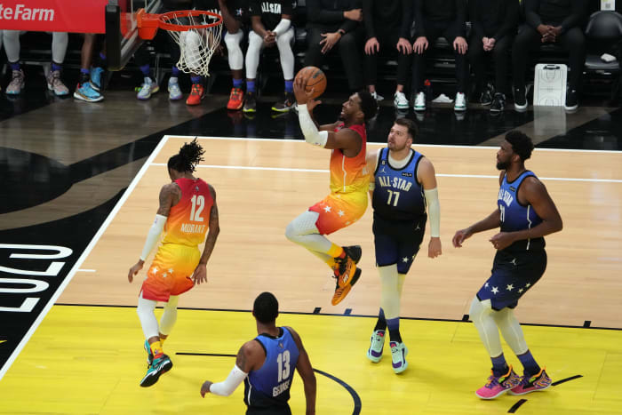 Feb 19, 2023; Salt Lake City, UT, USA; Team Giannis guard Donovan Mitchell (45) goes to the basket during the second half past Team LeBron forward Luka Doncic (77) in the 2023 NBA All-Star Game at Vivint Arena. Mandatory Credit: Kirby Lee-USA TODAY Sports